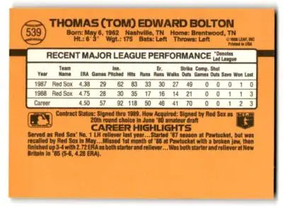 Baseball card of Tom Bolton with career stats and highlights, Boston Red Sox player