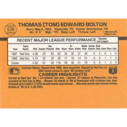 1989 Donruss #539 Tom Bolton DP NM-MT Boston Red Sox Baseball Card