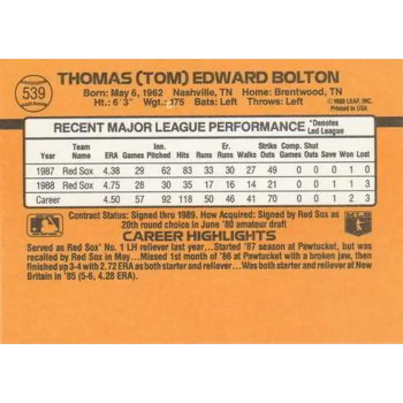 1989 Donruss #539 Tom Bolton DP NM-MT Boston Red Sox Baseball Card - Baseball Card Single