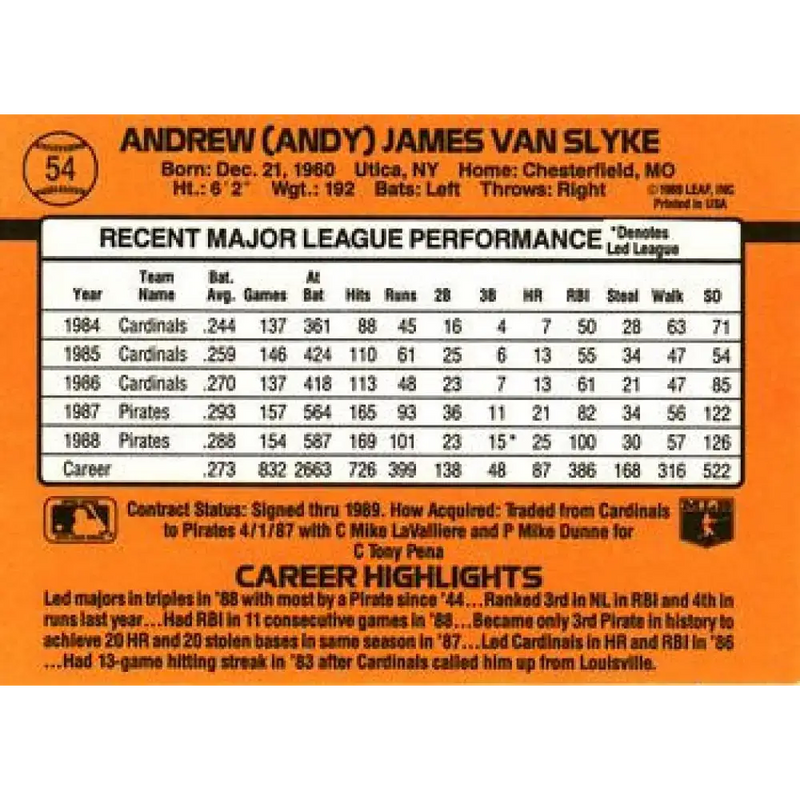 1989 Donruss #54 Andy Van Slyke NM-MT Pittsburgh Pirates Baseball Card - Baseball Card Single