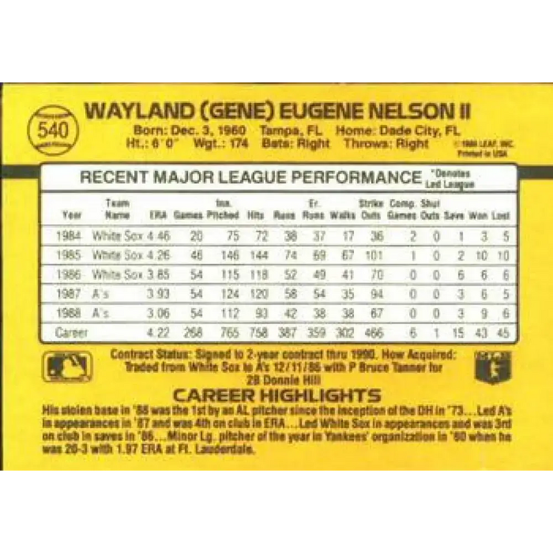 1989 Donruss #540 Gene Nelson DP NM-MT Oakland Athletics Baseball Card - Baseball Card Single