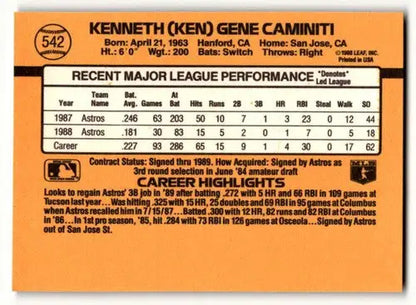 1989 Donruss #542 Ken Caminiti Houston Astros Baseball Cards EX/NM ID:59121