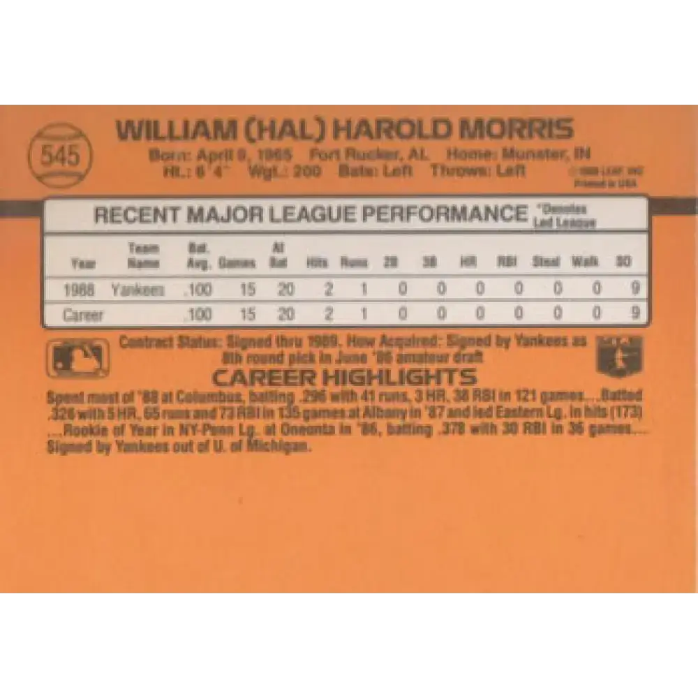 1989 Donruss #545 Hal Morris DP NM-MT RC Rookie New York Yankees Baseball Card