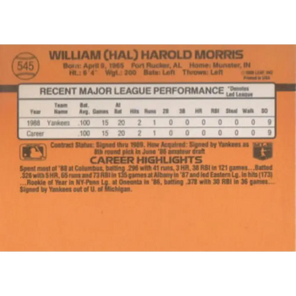 1989 Donruss #545 Hal Morris DP NM-MT RC Rookie New York Yankees Baseball Card