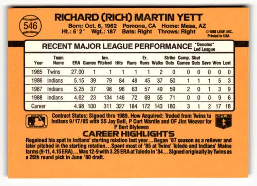1989 Donruss #546 Rich Yett NM Near Mint Indians DP ID:49059 - Baseball Card Single