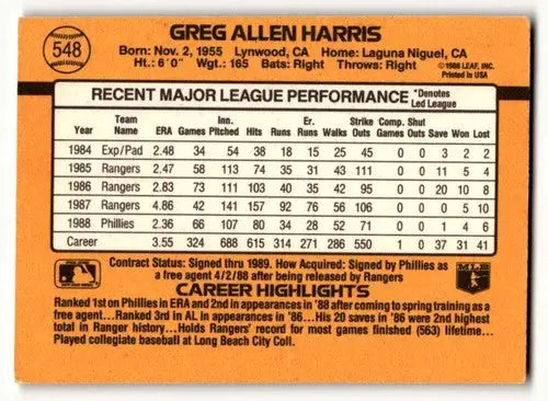 1989 Donruss #548 Greg Harris Philadelphia Phillies Baseball Cards E ID:56240 - Baseball Card Single