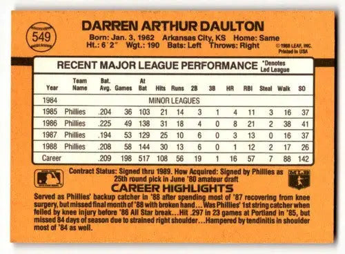 1989 Donruss #549 Darren Daulton Philadelphia Phillies Baseball Card ID:64454