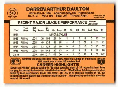 1989 Donruss #549 Darren Daulton Philadelphia Phillies Baseball Card ID:64453