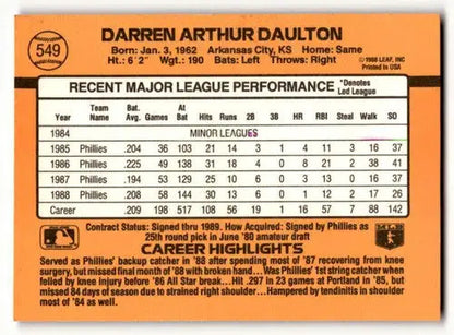 1989 Donruss #549 Darren Daulton Philadelphia Phillies Baseball Card ID:64453