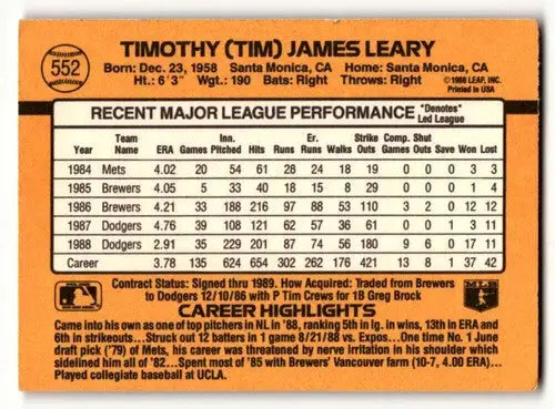 1989 Donruss #552 Tim Leary Los Angeles Dodgers Baseball Cards EX Ex ID:56250 - Baseball Card Single