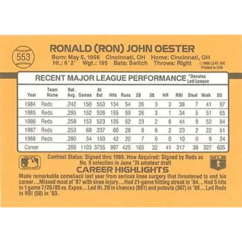 1989 Donruss #553 Ron Oester DP NM-MT Cincinnati Reds Baseball Card - Baseball Card Single