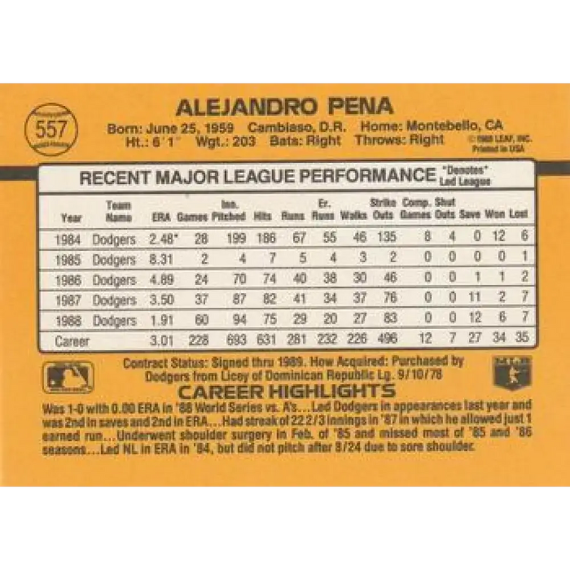1989 Donruss #557 Alejandro Pena DP NM-MT Los Angeles Dodgers Baseball Card - Baseball Card Single