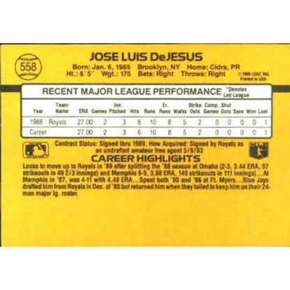 1989 Donruss #558 Jose DeJesus DP NM-MT RC Rookie Kansas City Royals Baseball Card