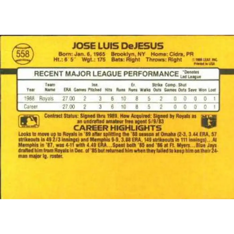 1989 Donruss #558 Jose DeJesus DP NM-MT RC Rookie Kansas City Royals Baseball Card - Baseball Card Single