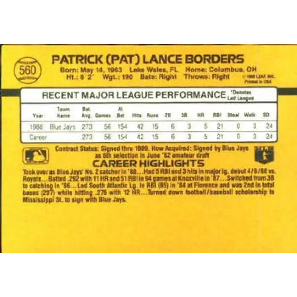 1989 Donruss #560 Pat Borders DP NM-MT RC Rookie Toronto Blue Jays Baseball Card - Baseball Card Single