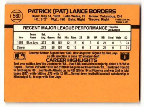 1989 Donruss #560 Pat Borders Toronto Blue Jays Baseball Cards EX/NM ID:58494 - Baseball Card Single