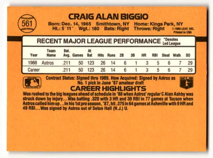 1989 Donruss #561 Craig Biggio NM-MT RC Rookie Astros ID:58505