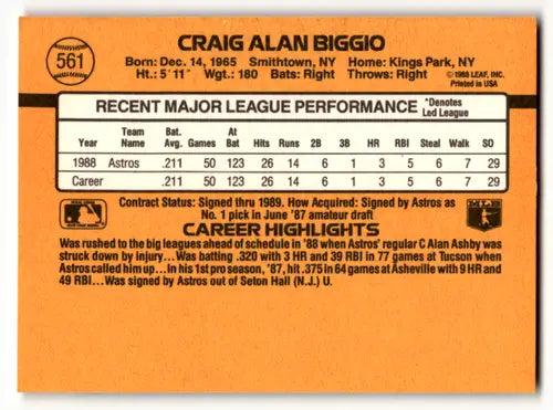 1989 Donruss #561 Craig Biggio NM-MT RC Rookie Astros ID:58505 - Baseball Card Single