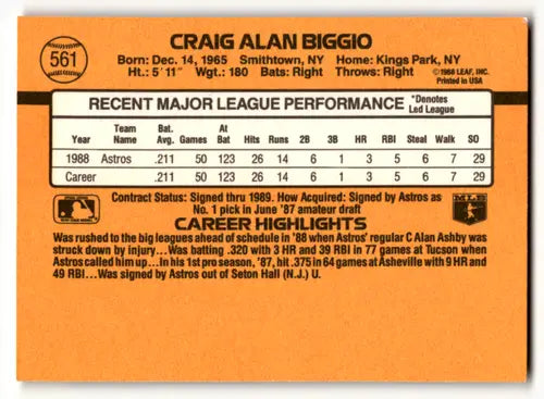 1989 Donruss #561 Craig Biggio NM Near Mint RC Rookie Astros ID:58507 - Baseball Card Single