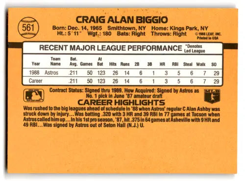 1989 Donruss Craig Biggio rookie Astros baseball card with original gloss NM near mint