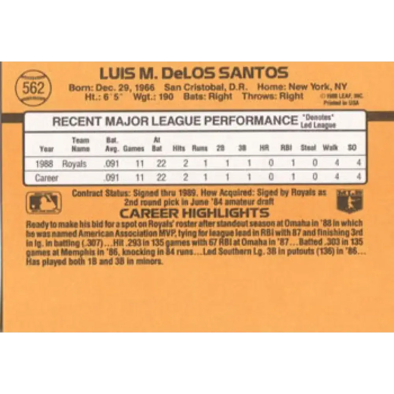 1989 Donruss #562 Luis de los Santos DP NM-MT RC Rookie Kansas City Royals Baseball Card - Baseball Card Single