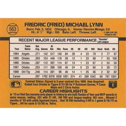 1989 Donruss #563 Fred Lynn DP NM-MT Detroit Tigers Baseball Card