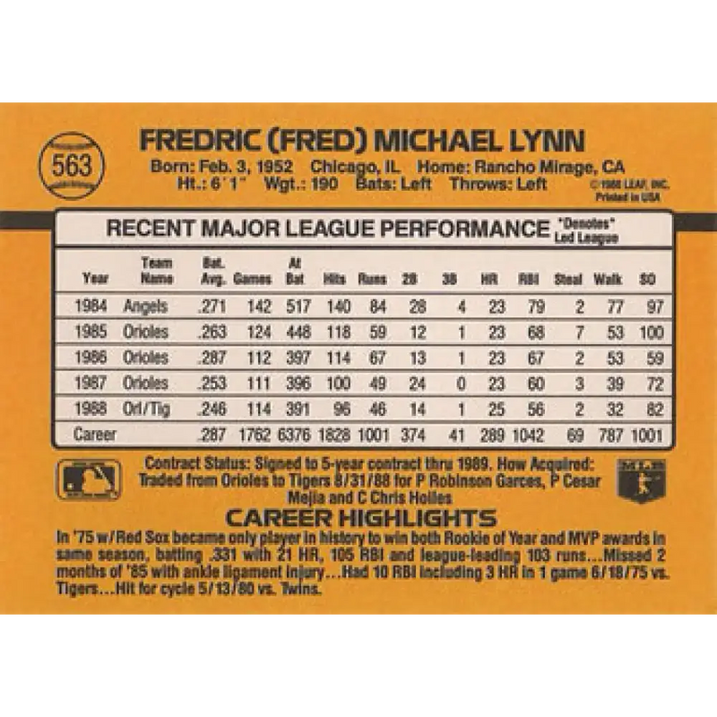 1989 Donruss #563 Fred Lynn DP NM-MT Detroit Tigers Baseball Card - Baseball Card Single