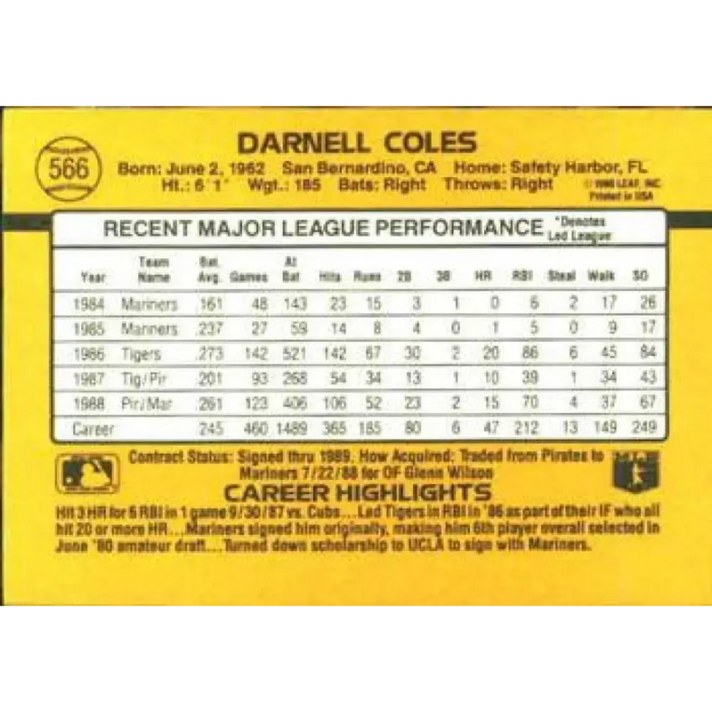 1989 Donruss #566 Darnell Coles DP NM-MT Seattle Mariners Baseball Card - Baseball Card Single