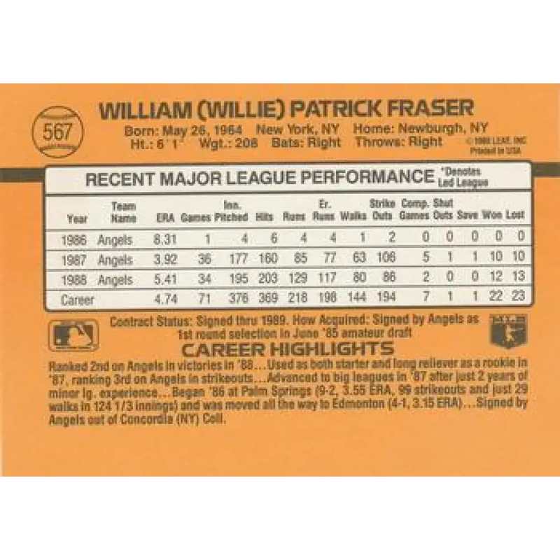1989 Donruss #567 Willie Fraser DP NM-MT California Angels Baseball Card - Baseball Card Single