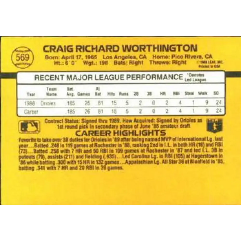 1989 Donruss #569 Craig Worthington DP NM-MT Baltimore Orioles Baseball Card - Baseball Card Single