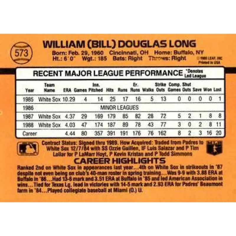 1989 Donruss #573 Bill Long DP NM-MT Chicago White Sox Baseball Card - Baseball Card Single