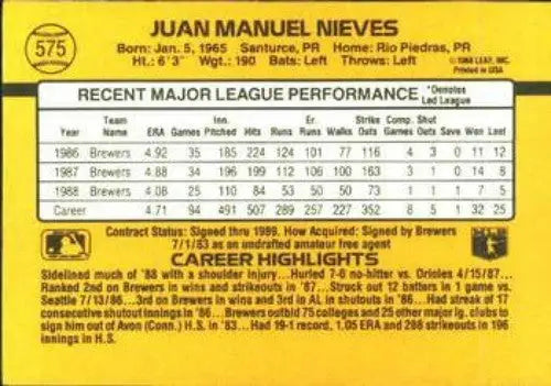 Back of 1989 Donruss #575 Juan Nieves baseball card with original gloss details