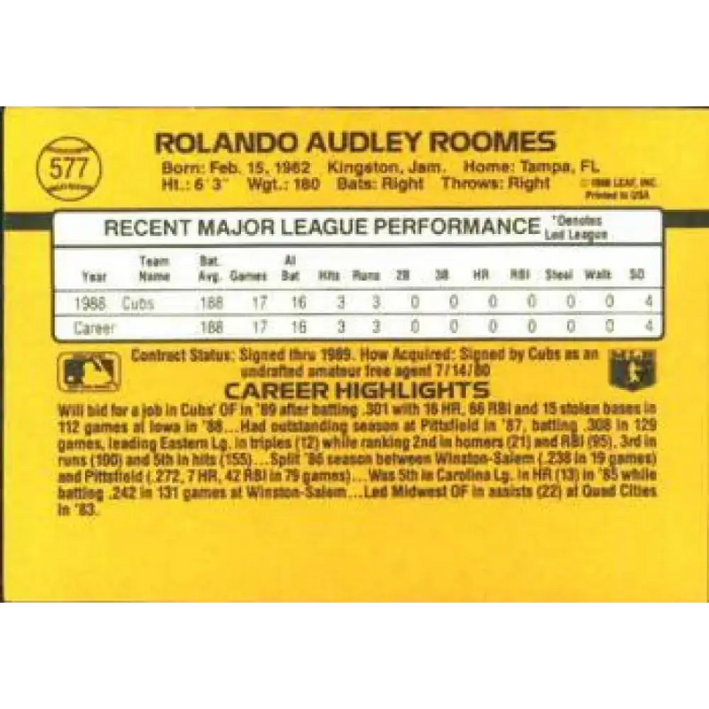 1989 Donruss #577 Rolando Roomes DP NM-MT Chicago Cubs Baseball Card - Baseball Card Single