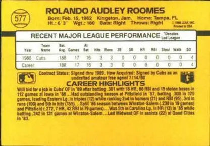 1989 Donruss Rolando Roomes baseball card back with original gloss from Cubs cards typically sell