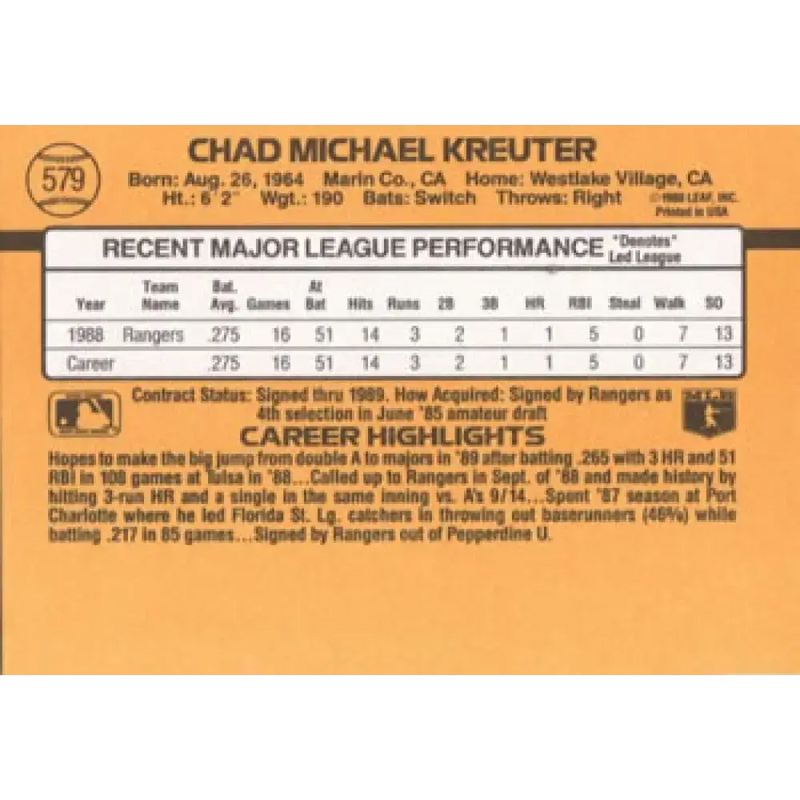 1989 Donruss #579 Chad Kreuter NM-MT RC Rookie Texas Rangers Baseball Card - Baseball Card Single