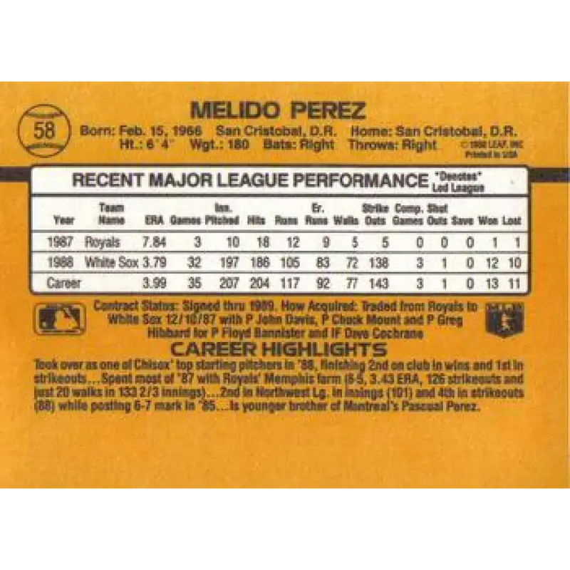1989 Donruss #58 Melido Perez NM-MT Chicago White Sox Baseball Card - Baseball Card Single