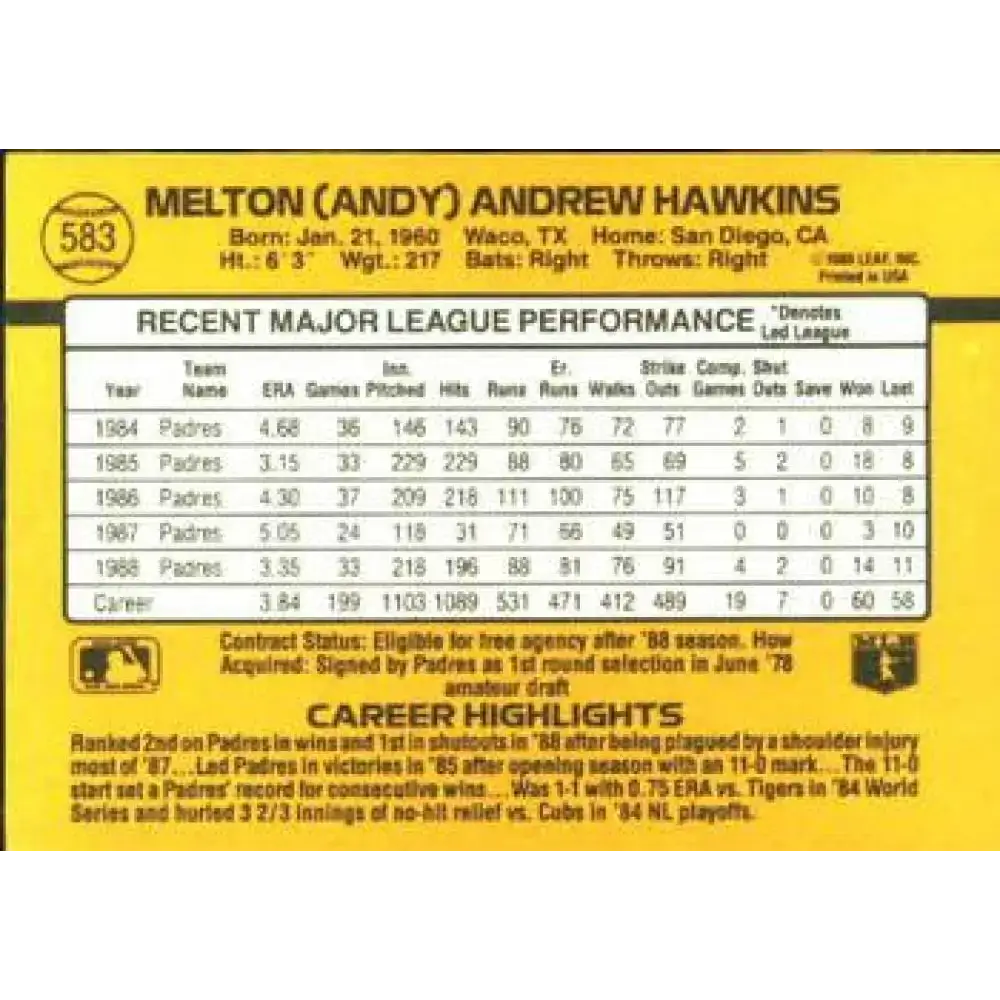 1989 Donruss #583 Andy Hawkins DP NM-MT San Diego Padres Baseball Card - Baseball Card Single