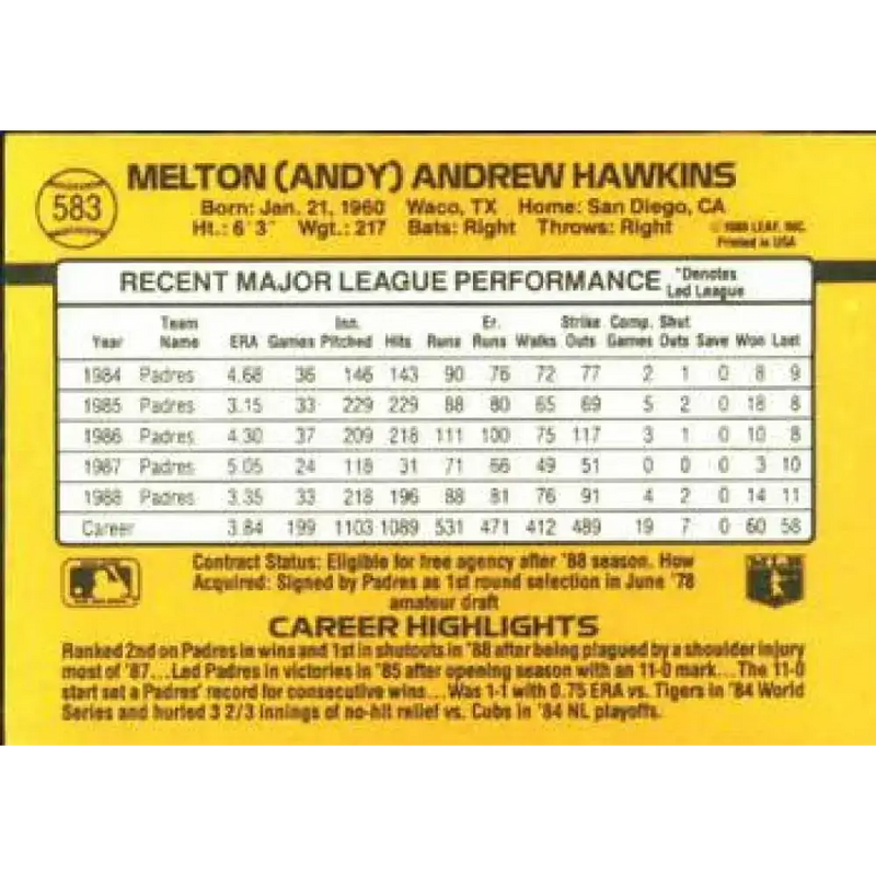 1989 Donruss #583 Andy Hawkins DP NM-MT San Diego Padres Baseball Card - Baseball Card Single
