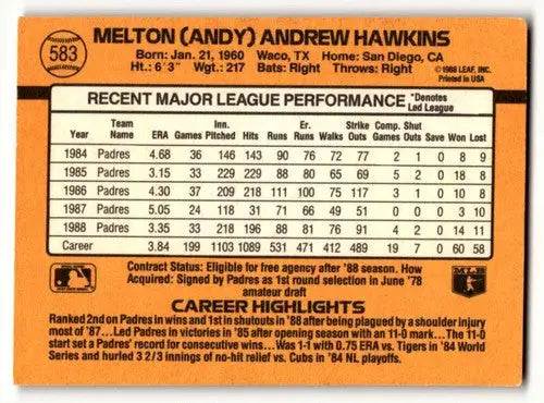 1989 Donruss #583 Andy Hawkins San Diego Padres Baseball Cards EX Ex ID:56235 - Baseball Card Single
