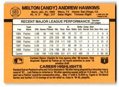 Baseball card back of 1989 Donruss Andy Hawkins #583b featuring player stats