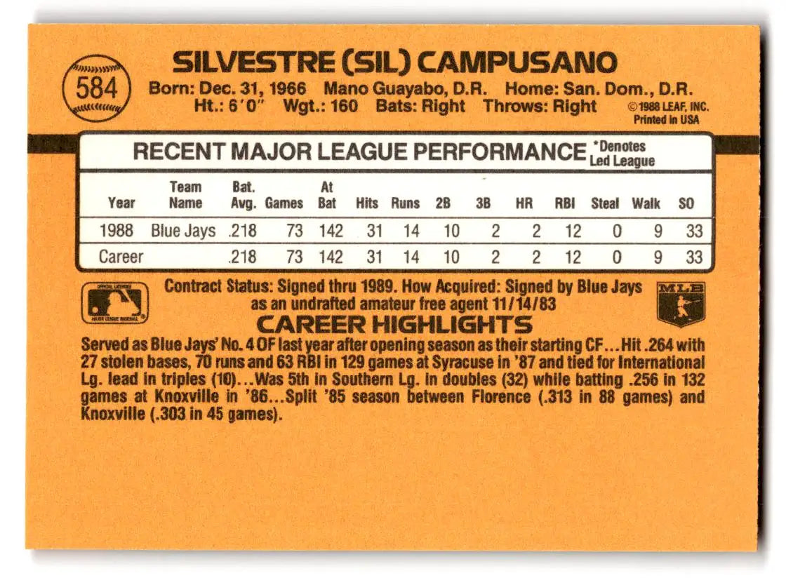 1989 Donruss #584a Sil Campusano - Baseball Card Single