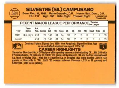 Baseball trading card of Sil Campusano from 1989 Donruss #584a Sil Campusano