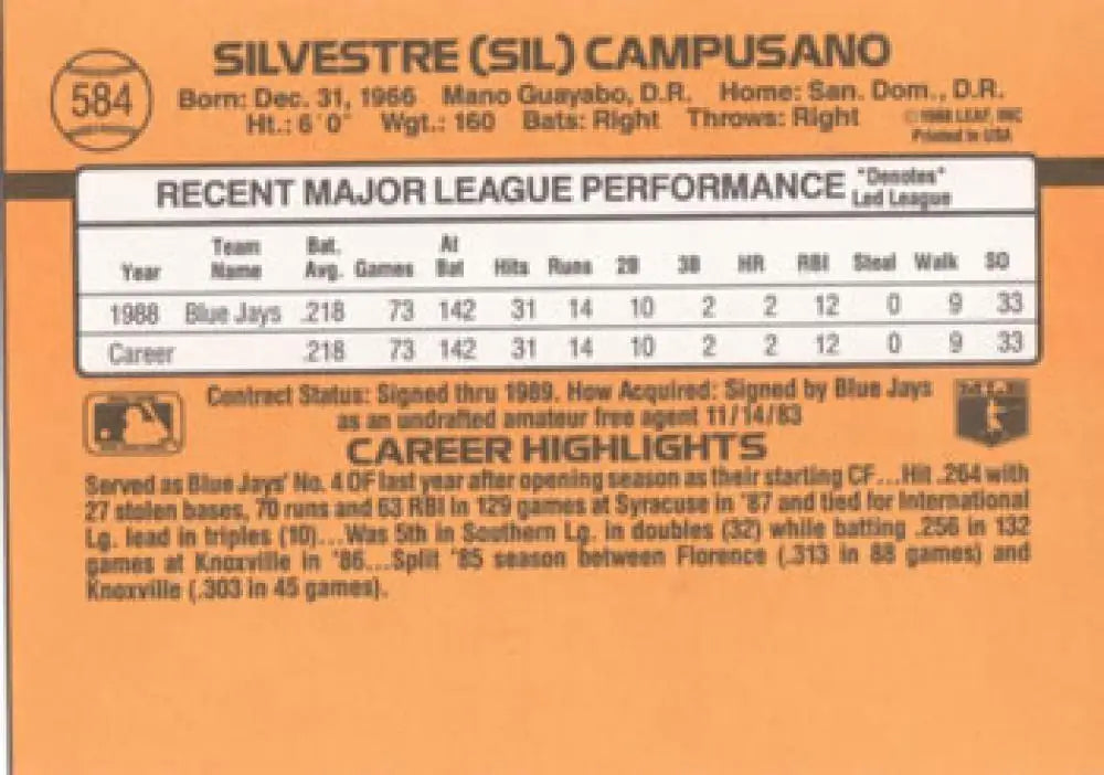 1989 Donruss #584a Sil Campusano NM Near Mint RC Rookie Blue Jays ID:81466 - Baseball Card Single