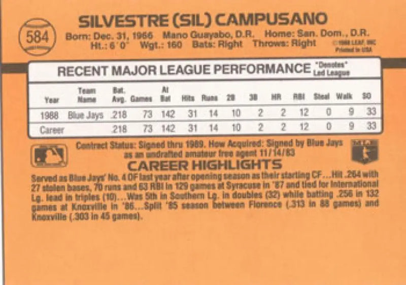 1989 Donruss #584a Sil Campusano NM Near Mint RC Rookie Blue Jays ID:81466 - Baseball Card Single