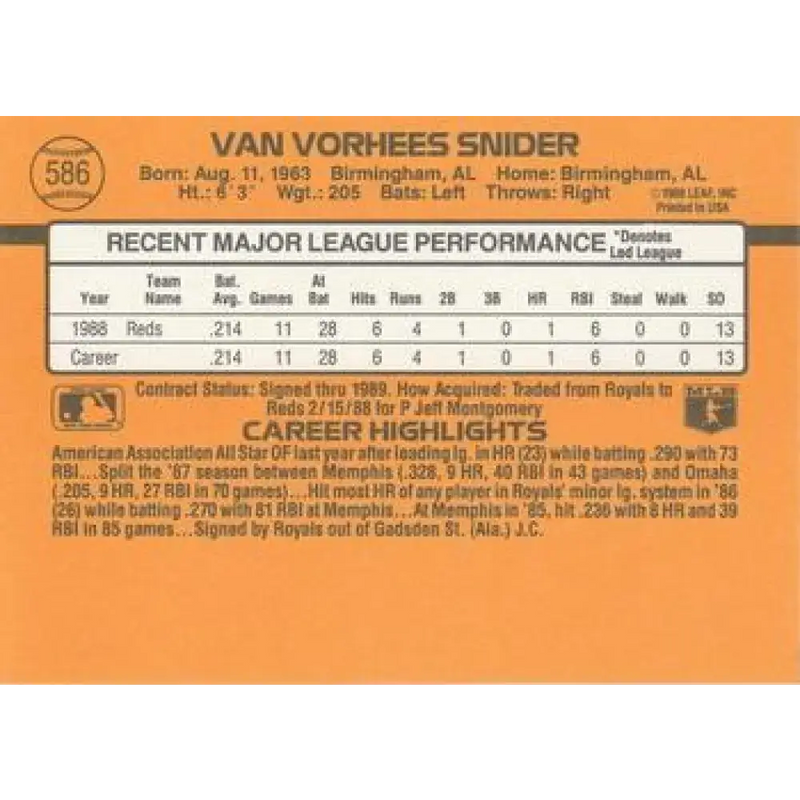 1989 Donruss #586 Van Snider DP NM-MT Cincinnati Reds Baseball Card - Baseball Card Single