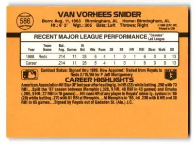 Baseball card with player stats of 1989 Donruss 586b Van Snider featuring Van Snider