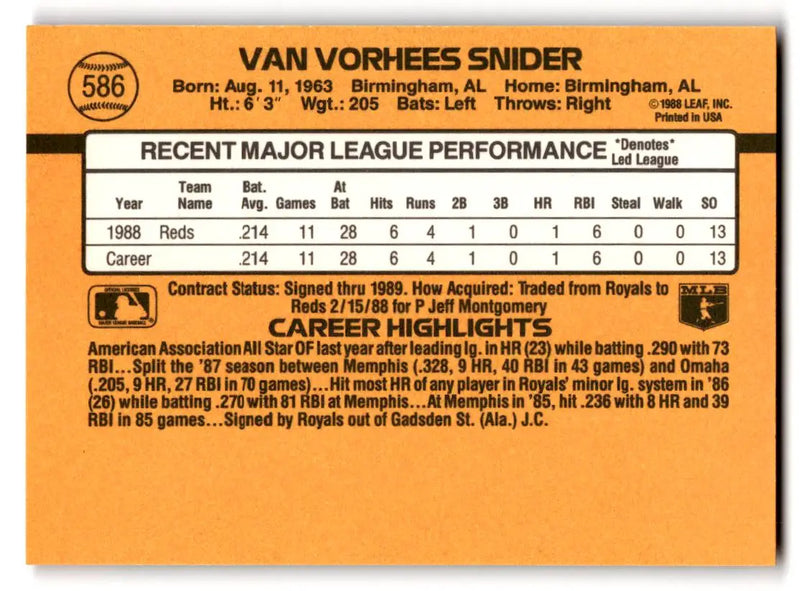 1989 Donruss #586b Van Snider - Baseball Card Single