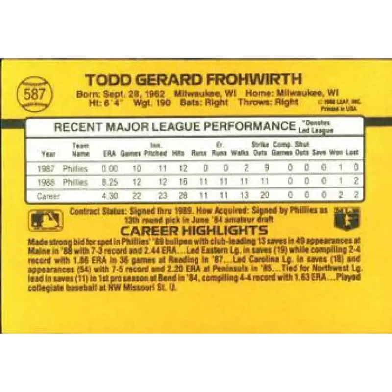1989 Donruss #587 Todd Frohwirth DP NM-MT Philadelphia Phillies Baseball Card - Baseball Card Single