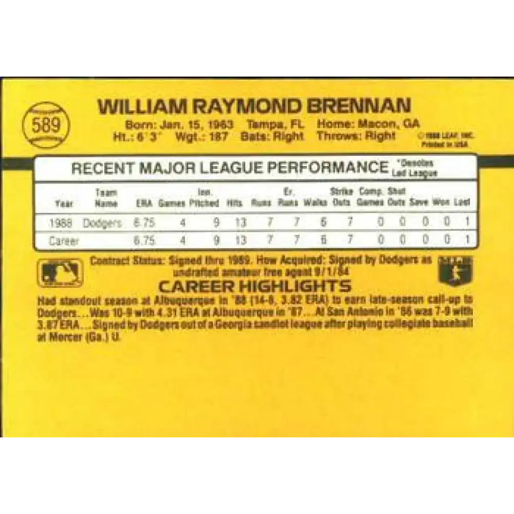 1989 Donruss #589 William Brennan NM-MT RC Rookie Los Angeles Dodgers Baseball Card