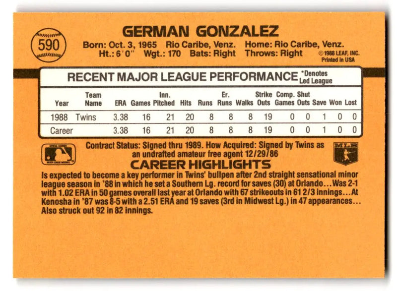 1989 Donruss #590 German Gonzalez - Baseball Card Single
